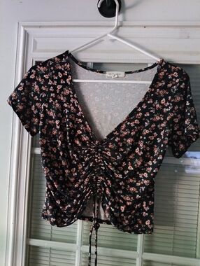 Pie In The Sky Floral Ruched Drawstring V-Neck Top Black/Pink Large